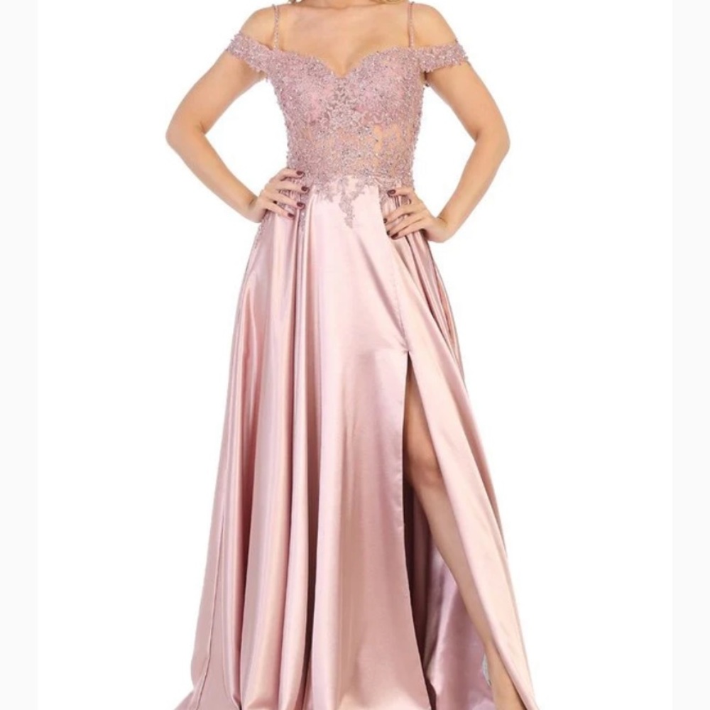 Off the Shoulder A-Line Gown with Sheer Beaded Bodice and Leg Slit